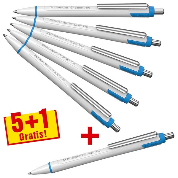 5 Schneider Kugelschreiber Slider Xite weiß Schreibfarbe blau + GRATIS 1 St.