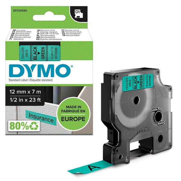 DYMO Schriftband D1 45019 S0720590, 12 mm schwarz auf grün